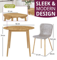 Hallowood Furniture Ledbury Light Oak Drop Leaf Round Dining Table With 2 Taupe Leather Effect Chairs - thumbnail 3