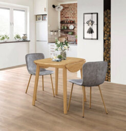 Hallowood Furniture Ledbury Light Oak Drop Leaf Round Dining Table With 2 Taupe Leather Effect Chairs