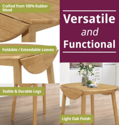 Hallowood Furniture Ledbury Light Oak Drop Leaf Round Dining Table With 2 Taupe Leather Effect Chairs - thumbnail 4