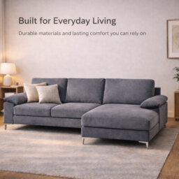 SquareBoxx Venossa L Shaped Corner Sofa With Chaise Lounge A 4 Seater Modern Fabric Sofa, Deep Seat Comfort, Plush Cushions & Chrome Legs - thumbnail 6