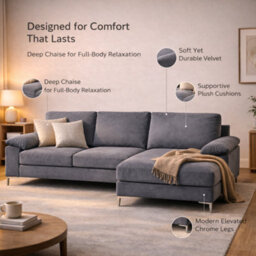 SquareBoxx Venossa L Shaped Corner Sofa With Chaise Lounge A 4 Seater Modern Fabric Sofa, Deep Seat Comfort, Plush Cushions & Chrome Legs - thumbnail 4
