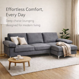 SquareBoxx Venossa L Shaped Corner Sofa With Chaise Lounge A 4 Seater Modern Fabric Sofa, Deep Seat Comfort, Plush Cushions & Chrome Legs - thumbnail 2