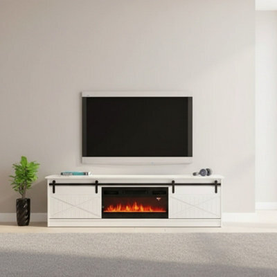 Granero White Tv Cabinet With Built In Electric Fireplace Modern White Gloss Entertainment Unit - image 1
