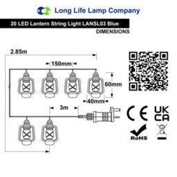 Long Life Lamps Company Outdoor Or Indoor Mini Lantern 20 Led String Lights Ip44 Mains Powered Blue Lansl03 - thumbnail 2
