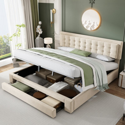 Abrihome Super King Size Upholstered Bed Frame With Storage - Cream Velvet, Includes Headboard & Slats (180X200Cm, No Mattress) - image 1