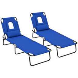 Outsunny Folding Sun Lounger Set Of 2 Reclining Chair With Reading Hole Blue - thumbnail 2