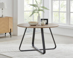 Furniturebox Santorini Round Wood Effect 4 Seat Dining Table With Modern Industrial Rustic Style Matte Black Metal Legs - thumbnail 1