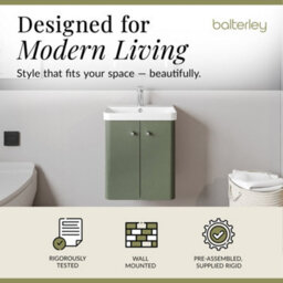 Balterley Flashbrook Modern Bathroom Wall Hung 2 Door Vanity Unit Basin, Satin Green, 505mm - thumbnail 3