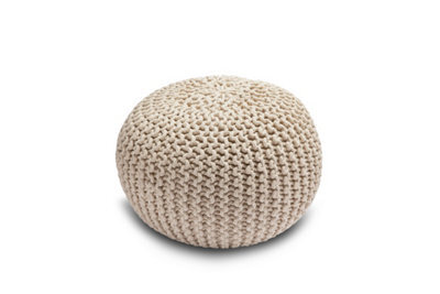 Knitted Pouffe Chunky Round Footstool Ottoman 100% Cotton Handmade Cream