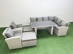 Fimous Outdoor Garden Furniture Sets 10 Seater Wicker Rattan Corner Sofa Sets With Dining Table 2 Big Footstools Light Grey