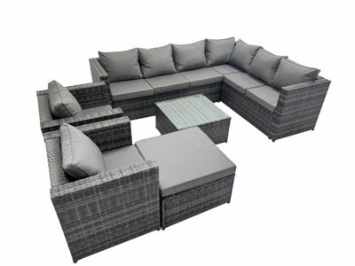 Fimous Outdoor Pe Rattan Garden Furniture Sofa Set With Square Coffee Table Big Stool 2 Chair Dark Grey - image 1