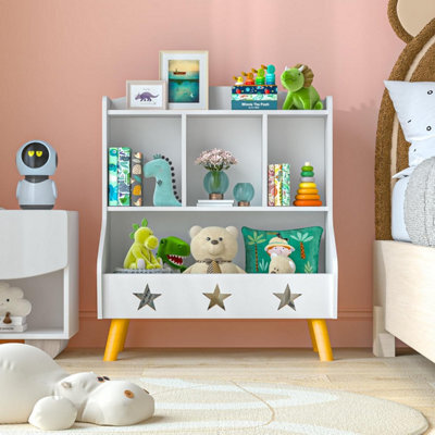 Huhote Three Compartment Wooden Kids Bookcase And Toy Storage Organiser Cabinet For Bedroom Playroom Bookshelf Book Rack White - image 1