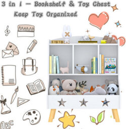 Huhote Three Compartment Wooden Kids Bookcase And Toy Storage Organiser Cabinet For Bedroom Playroom Bookshelf Book Rack White - thumbnail 7