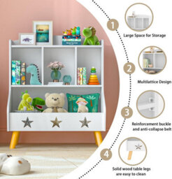 Huhote Three Compartment Wooden Kids Bookcase And Toy Storage Organiser Cabinet For Bedroom Playroom Bookshelf Book Rack White - thumbnail 5