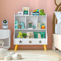 Huhote Three Compartment Wooden Kids Bookcase And Toy Storage Organiser Cabinet For Bedroom Playroom Bookshelf Book Rack White - thumbnail 1