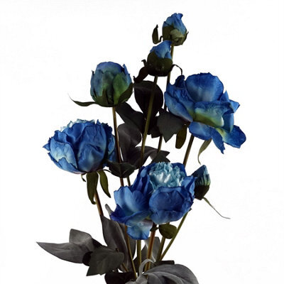 Leaf 55Cm Blue Peony Artificial Flowers Spray - 4 Flowers 3 Buds - image 1