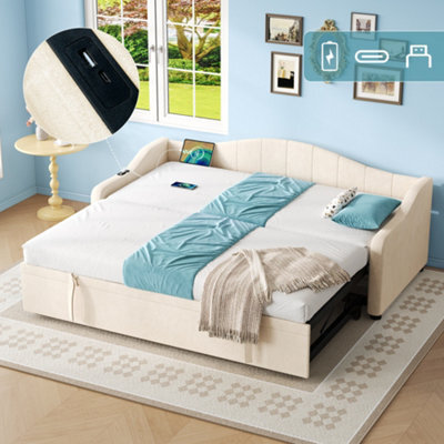 Matteo Beige Velvet Upholstered 3Ft Single Daybed With Pull-Out Trundle & Usb Charging Station - Ideal Sofa Bed - image 1