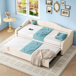 Matteo Beige Velvet Upholstered 3Ft Single Daybed With Pull-Out Trundle & Usb Charging Station - Ideal Sofa Bed - thumbnail 3