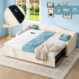 Matteo Beige Velvet Upholstered 3Ft Single Daybed With Pull-Out Trundle & Usb Charging Station - Ideal Sofa Bed - thumbnail 1