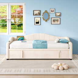 Matteo Beige Velvet Upholstered 3Ft Single Daybed With Pull-Out Trundle & Usb Charging Station - Ideal Sofa Bed - thumbnail 4