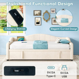 Matteo Beige Velvet Upholstered 3Ft Single Daybed With Pull-Out Trundle & Usb Charging Station - Ideal Sofa Bed - thumbnail 7