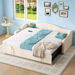 Matteo Beige Velvet Upholstered 3Ft Single Daybed With Pull-Out Trundle & Usb Charging Station - Ideal Sofa Bed - thumbnail 5