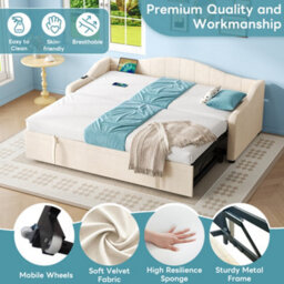 Matteo Beige Velvet Upholstered 3Ft Single Daybed With Pull-Out Trundle & Usb Charging Station - Ideal Sofa Bed - thumbnail 9
