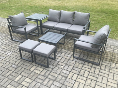 Fimous Aluminium 7 Seater Outdoor Lounge Sofa Set Garden Furniture Sets With Square Coffee Table 2 Chairs Side Table Dark Grey - image 1