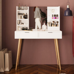 Vanity Dressing Table With Mirror & Shelves, 2 Drawer Makeup Desk With Wooden Legs (Bella, White) - thumbnail 1