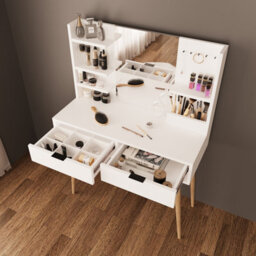 Vanity Dressing Table With Mirror & Shelves, 2 Drawer Makeup Desk With Wooden Legs (Bella, White) - thumbnail 2