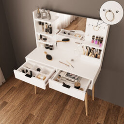 Vanity Dressing Table With Mirror & Shelves, 2 Drawer Makeup Desk With Wooden Legs (Bella, White) - thumbnail 3