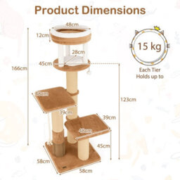 Costway Cat Tree For Indoor Cats 166 Cm Tall Kitty Tower W/self-Groomer-Caramel - thumbnail 2