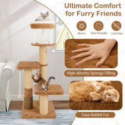 Costway Cat Tree For Indoor Cats 166 Cm Tall Kitty Tower W/self-Groomer-Caramel - thumbnail 3