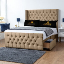 UKBEDFURNITURE Emily Beige Plush Wingback Divan Bed Base With 54 Inch Headboard - No Storage - thumbnail 2