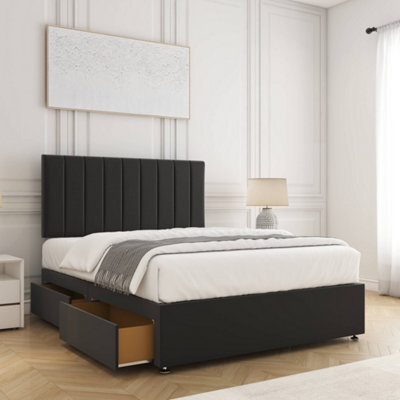 Bsspoke Aria Divan Bed Set Black Plush Velvet With 24Inch Panel Headboard & Mattress & 2 Drawers Same Side 3Ft 4Ft 4Ft6 5Ft 6Ft - image 1