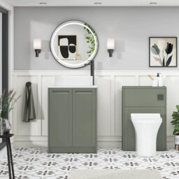 Royal Bathrooms Royal Bathroom Elmore 600mm Matt Green Freestanding Countertop Bathroom Vanity Unit 2 Door Plain White Worktop With Lyon Basin - thumbnail 5