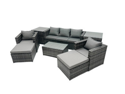 Fimous Outdoor Coffee Table Sofa Armchair Set With 2 Side Tables 2 Big Stools Garden Furniture Set Dark Grey Mixed - image 1