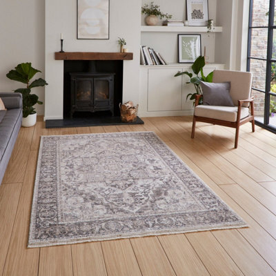 Grey Traditional Abstract Bordered 10mm Thick Stain-Resistant Rug For Bedroom, Living Room, & Dining Room-60Cm X 230Cm (Runner)