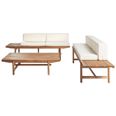 Wyld And Coco Rustic Acacia Wood Outdoor 4-Seater Garden Sofa Set With Off-White Cushions, Two Benches And Coffee Table - image 1