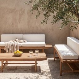 Wyld And Coco Rustic Acacia Wood Outdoor 4-Seater Garden Sofa Set With Off-White Cushions, Two Benches And Coffee Table - thumbnail 2
