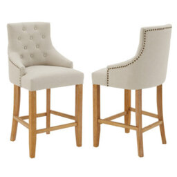 The Furniture Market Luxury Natural Fabric Scoop Back Kitchen Counter Bar Stool Limed Oak Legs Quilted Button Back Stud Detailing Solid Wood Frame - thumbnail 7