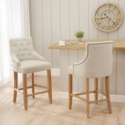 The Furniture Market Luxury Natural Fabric Scoop Back Kitchen Counter Bar Stool Limed Oak Legs Quilted Button Back Stud Detailing Solid Wood Frame - thumbnail 3