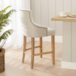 The Furniture Market Luxury Natural Fabric Scoop Back Kitchen Counter Bar Stool Limed Oak Legs Quilted Button Back Stud Detailing Solid Wood Frame - thumbnail 2