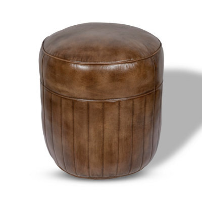 Elm Home And Garden 100% Real Genuine Leather Round Pommel Footstool Ottoman Tan Brown - image 1