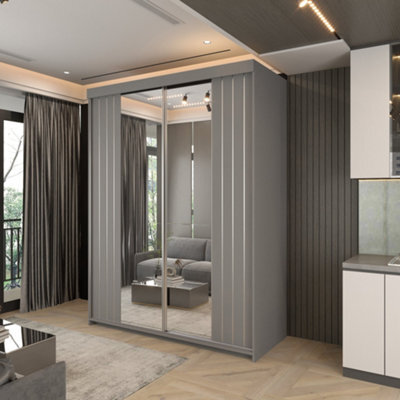 Sliding Wardrobes 4 u LTD Modern Monali Sliding Door Wardrobe Available In 2 Sizes 150Cm/200Cm & 3 Colors - Grey/silvertrim 150Cm - image 1