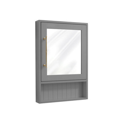 Homestylestore 450 X 650mm Light Grey Wall Mounted Corner Mirrored Door Bathroom Cabinet And Brushed Brass T Bar Handle - image 1