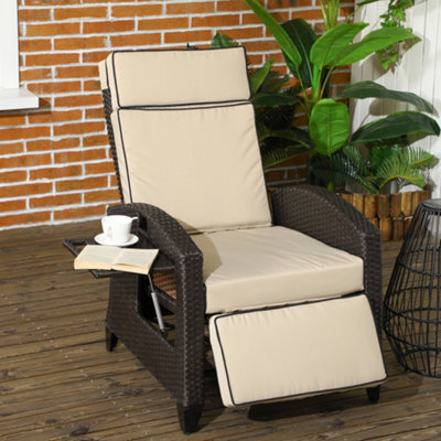 Outsunny Garden Recliner W/ Cushion, Reclining Rattan Chair, Khaki/brown - image 1