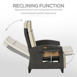Outsunny Garden Recliner W/ Cushion, Reclining Rattan Chair, Khaki/brown - thumbnail 4