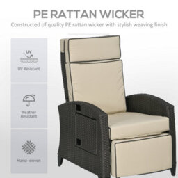 Outsunny Garden Recliner W/ Cushion, Reclining Rattan Chair, Khaki/brown - thumbnail 5
