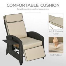 Outsunny Garden Recliner W/ Cushion, Reclining Rattan Chair, Khaki/brown - thumbnail 7